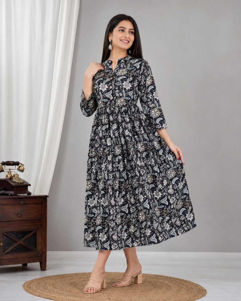 Women's Stylish Full Flair Anarkali Rayon Jaipur Printed Black Kurta