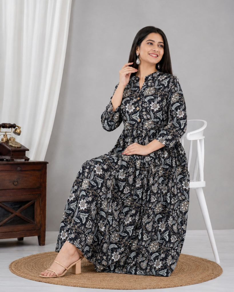 Women's Stylish Full Flair Anarkali Rayon Jaipur Printed Black Kurta