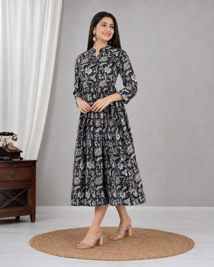 Women's Stylish Full Flair Anarkali Rayon Jaipur Printed Black Kurta