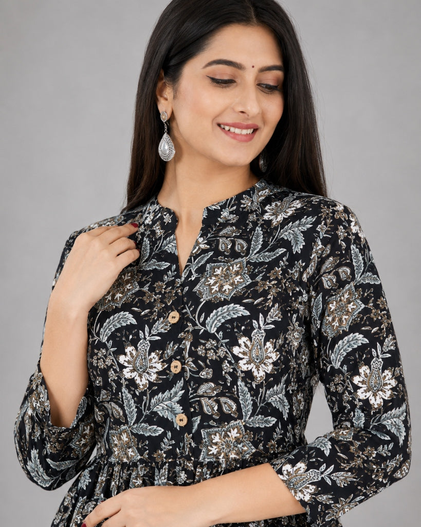 Women's Stylish Full Flair Anarkali Rayon Jaipur Printed Black Kurta