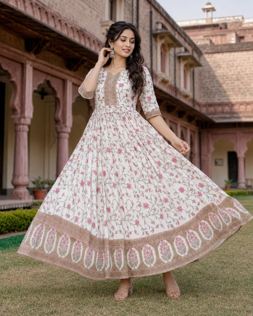 Ivory Floral Printed Flared Anarkali Kurta