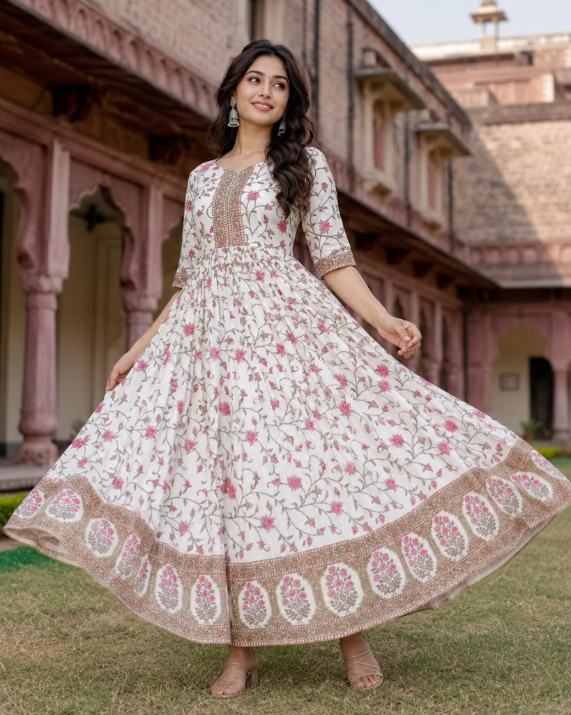 Ivory Floral Printed Flared Anarkali Kurta
