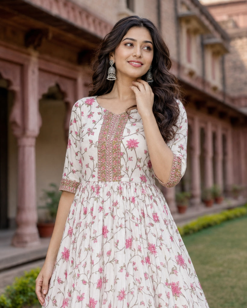Ivory Floral Printed Flared Anarkali Kurta