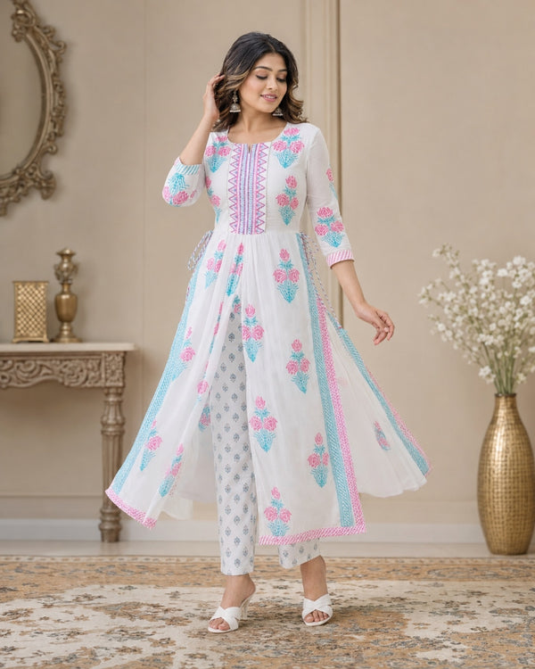 White & Pink Floral Printed Front-Slit Flared Kurta Pant Set