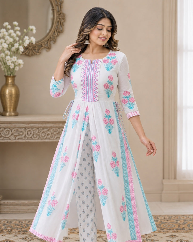 White & Pink Floral Printed Front-Slit Flared Kurta Pant Set