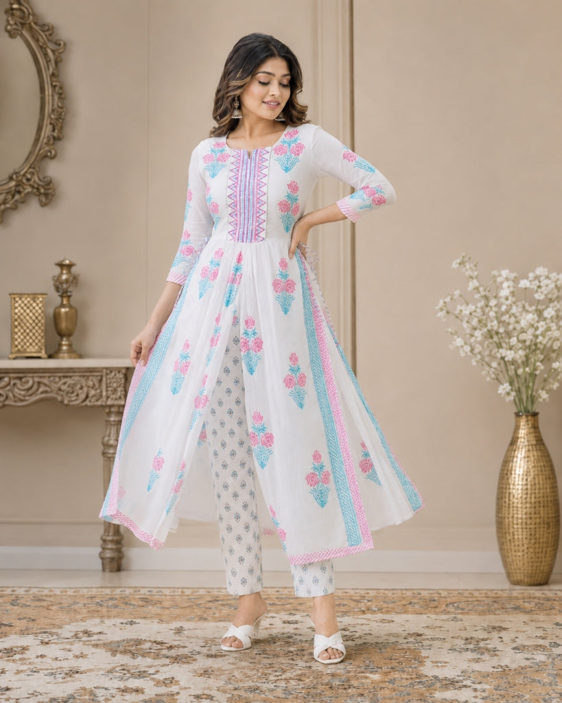 White & Pink Floral Printed Front-Slit Flared Kurta Pant Set