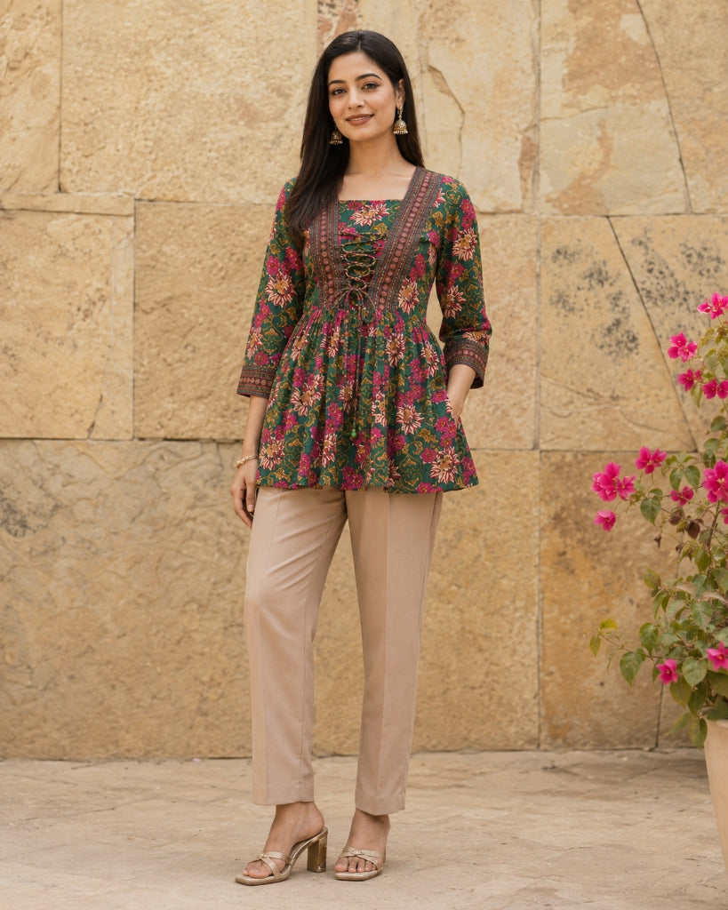 Floral Printed V-Neck Tie-Ups Peplum Cotton Tunic Top