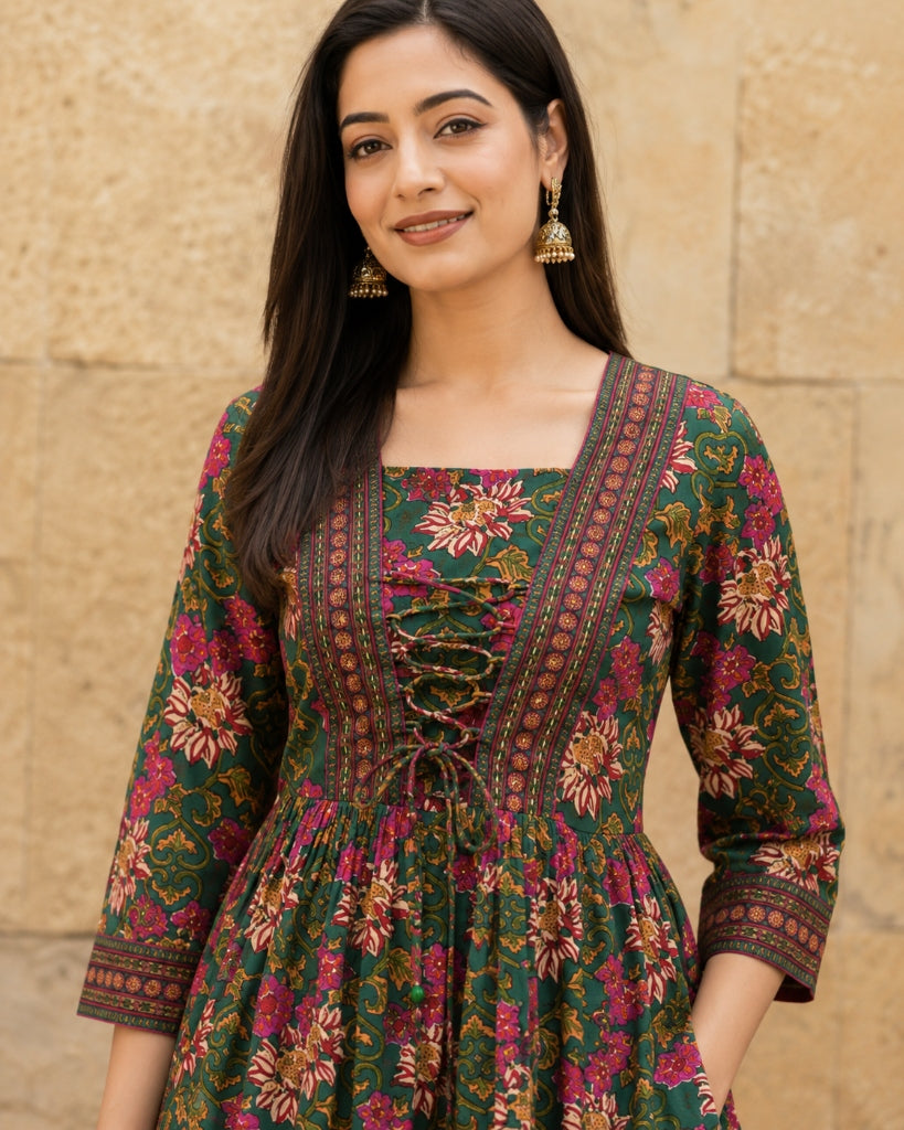 Floral Printed V-Neck Tie-Ups Peplum Cotton Tunic Top