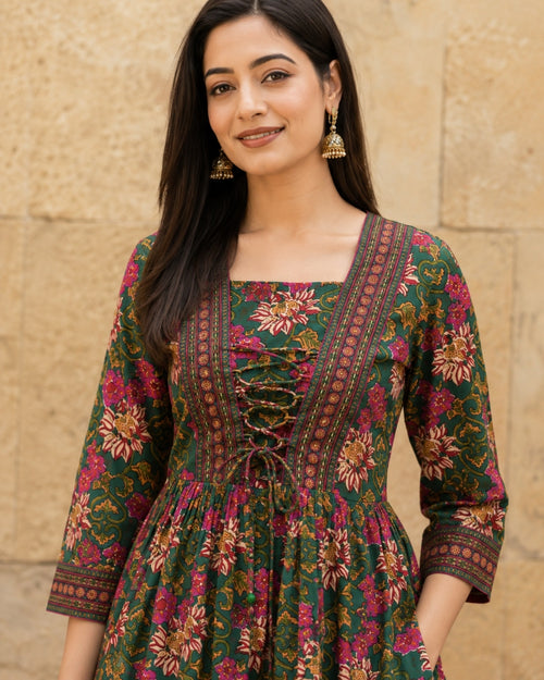 Floral Printed V-Neck Tie-Ups Peplum Cotton Tunic Top