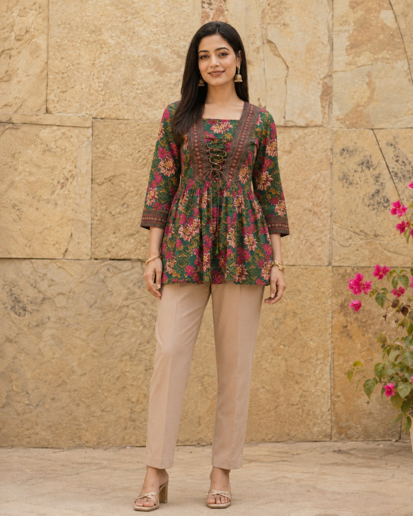 Floral Printed V-Neck Tie-Ups Peplum Cotton Tunic Top