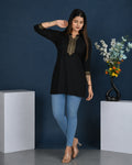 Women's Rayon Gold Printed Black Short Kurti
