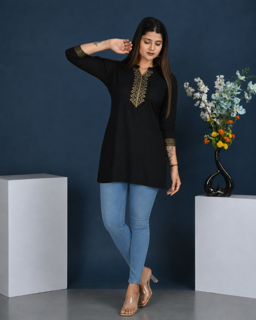 Women's Rayon Gold Printed Black Short Kurti