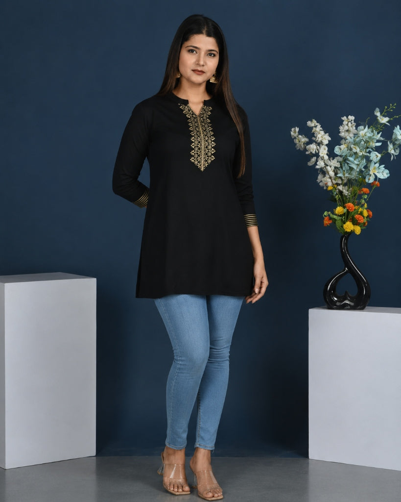 Women's Rayon Gold Printed Black Short Kurti