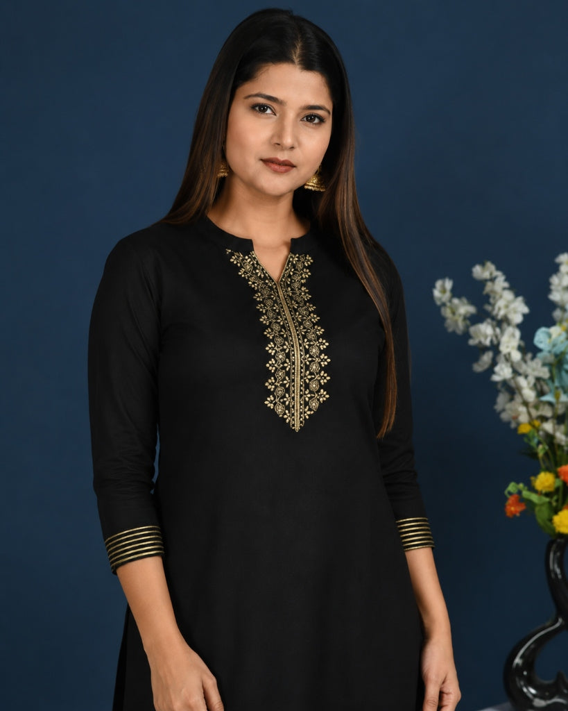 Women's Rayon Gold Printed Black Short Kurti